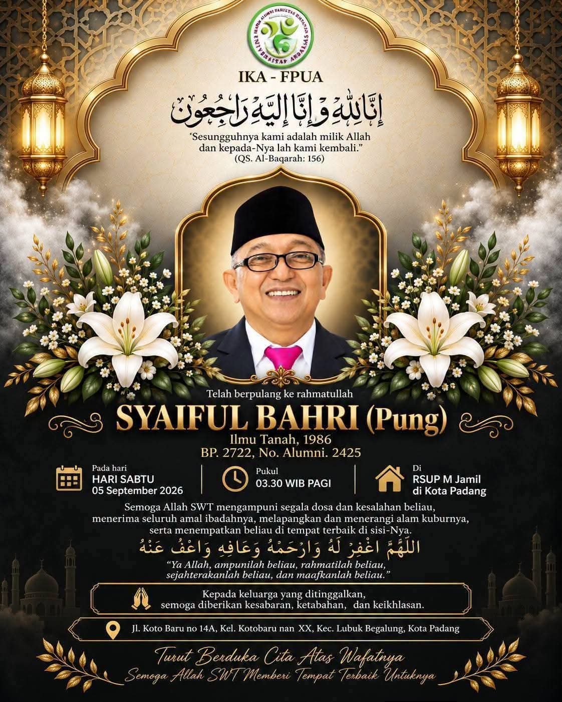 Inalillahi Wainnailaihi Raji'un Kabar Duka, kepala Dinas Kebudayaan Provinsi Sumatera Barat Syaiful Bahri Biasa di Panggil Pak Pung, di Kabarkan Berpulang ke Rahmatullah di Usia 59 Tahun